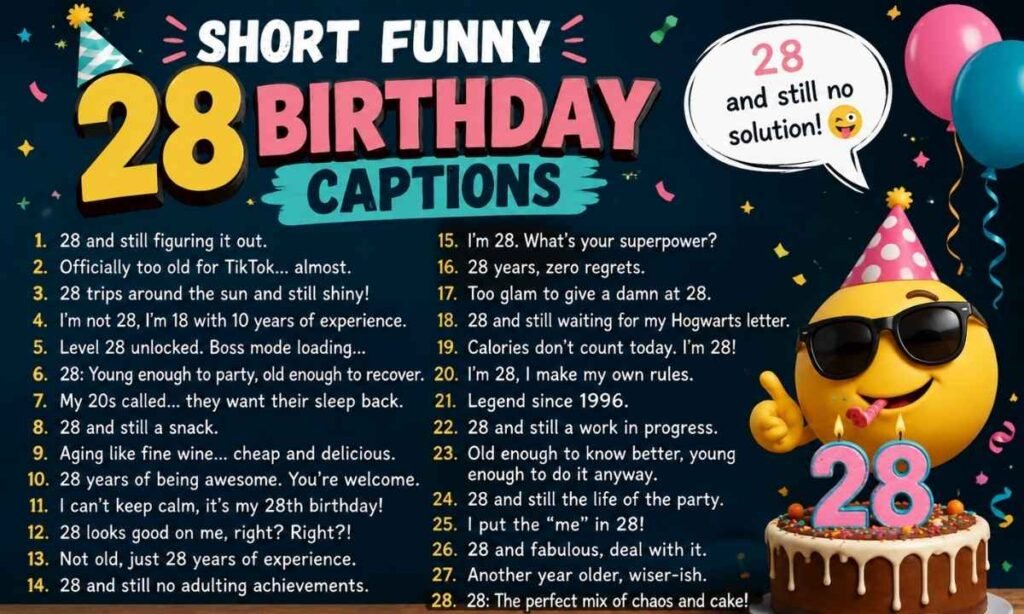 Short Funny 28 Birthday Captions